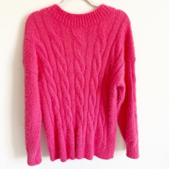 Lucky Brand Plush V-Neck Pullover Hot Pink Fuzzy Cable Knit Oversized Sweater L - Picture 10 of 10